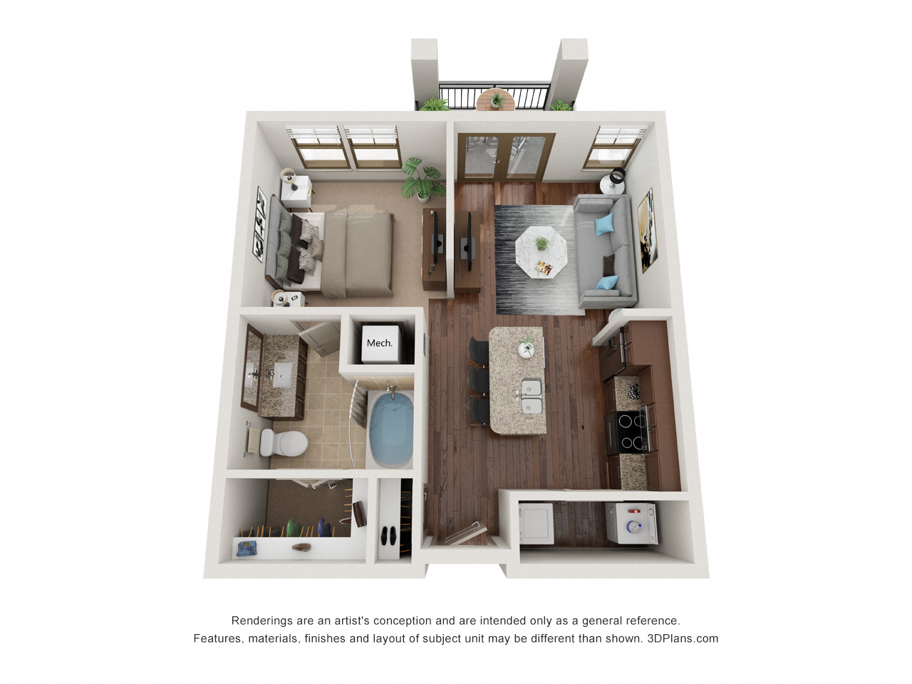 Floor plan for studio, 1 bath, 597 sqft